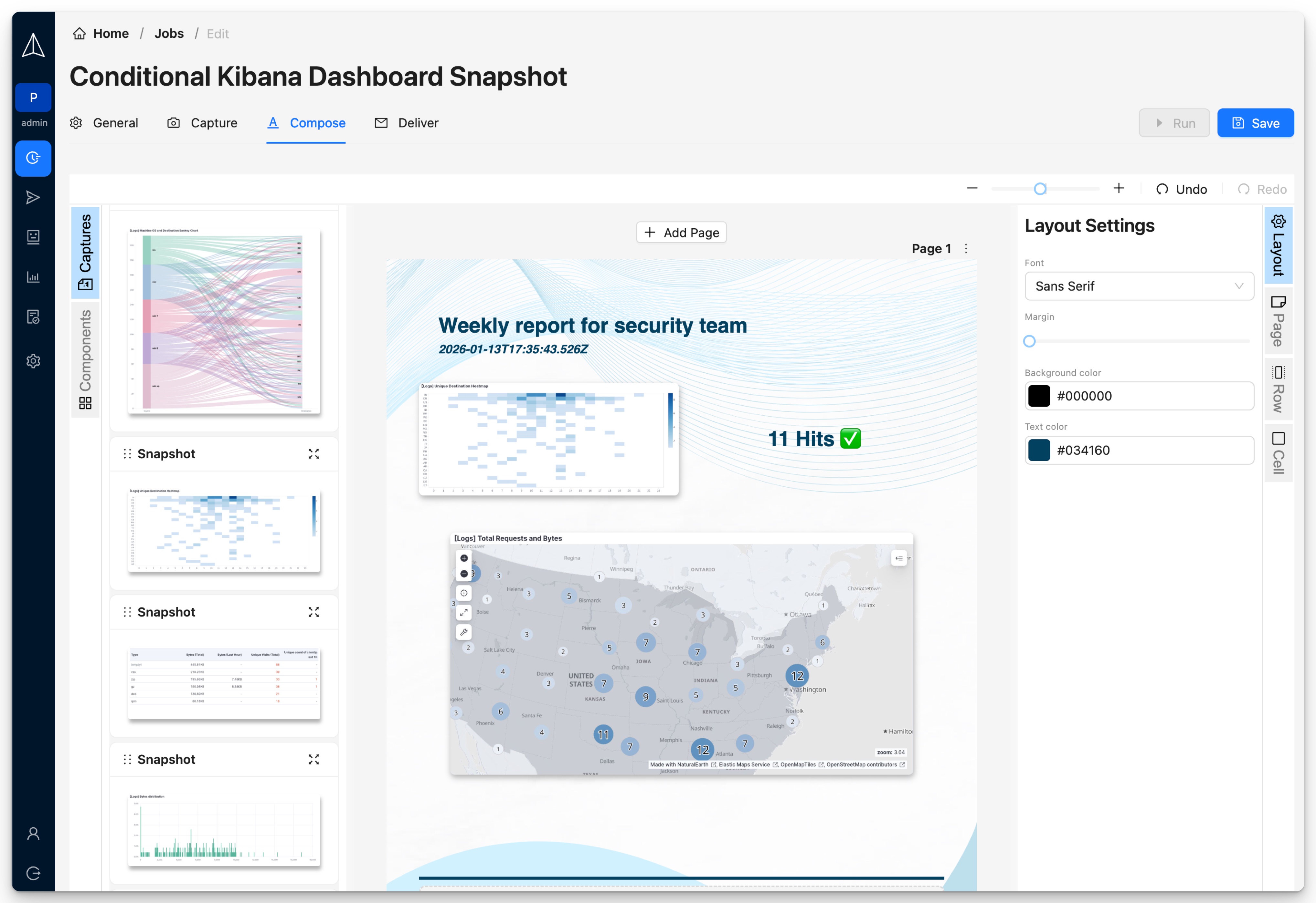 Report composer showing drag and drop interface