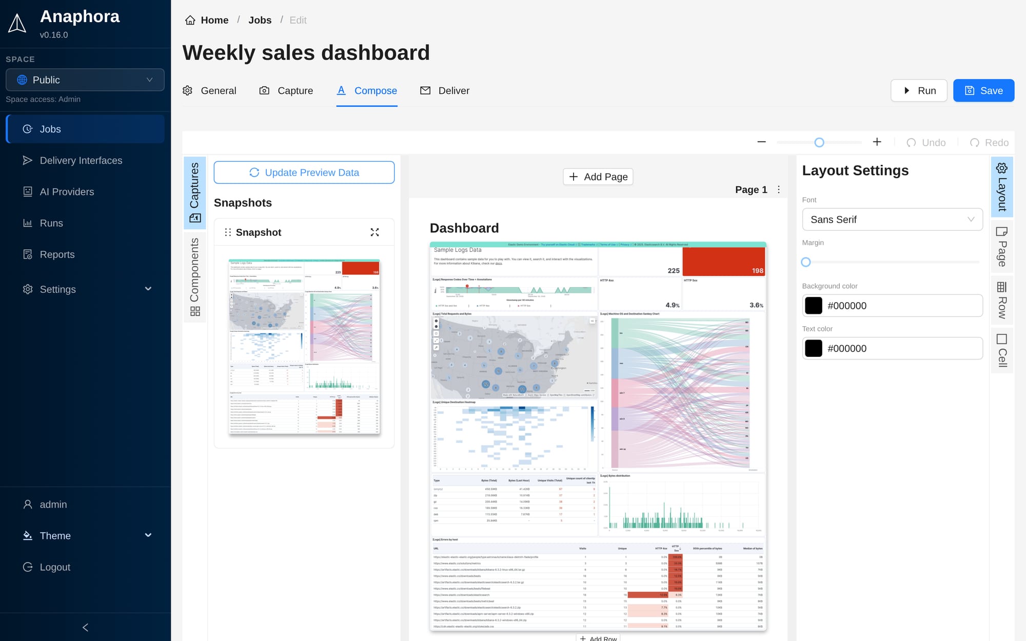 The composer with a live Kibana dashboard capture on the page