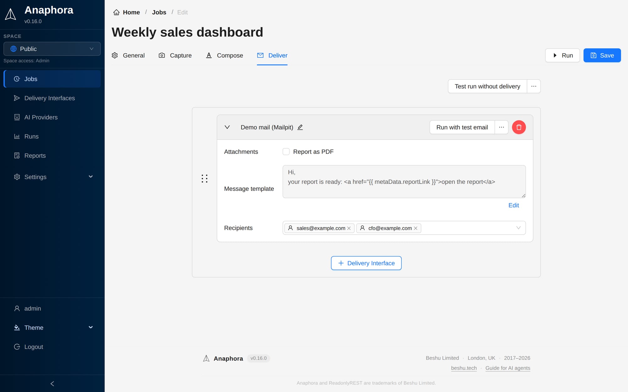 The Deliver tab of a job: an SMTP interface with its message template and recipients